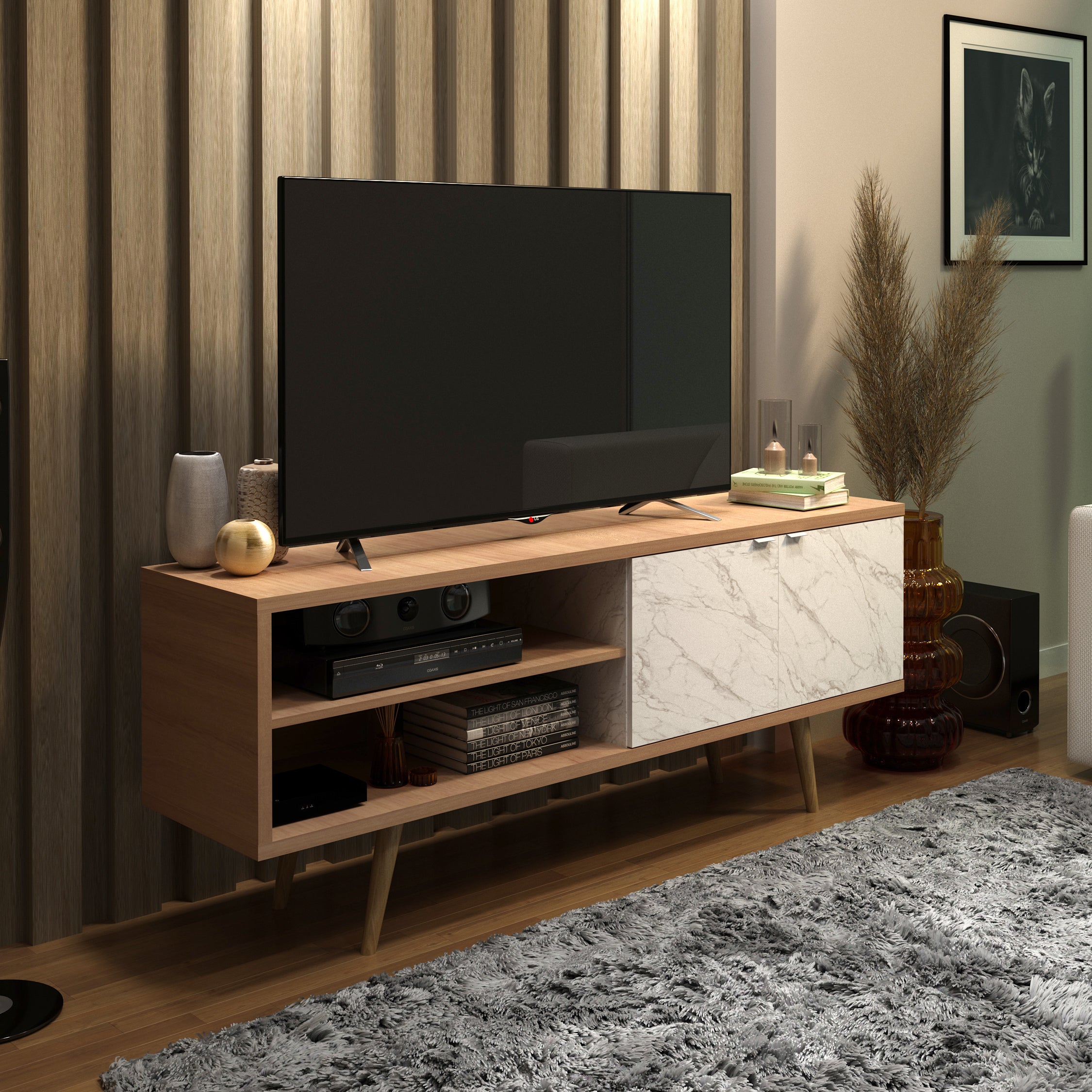 Rack para TV 60" 160x64x39 - Almedra / Marmol Blanco