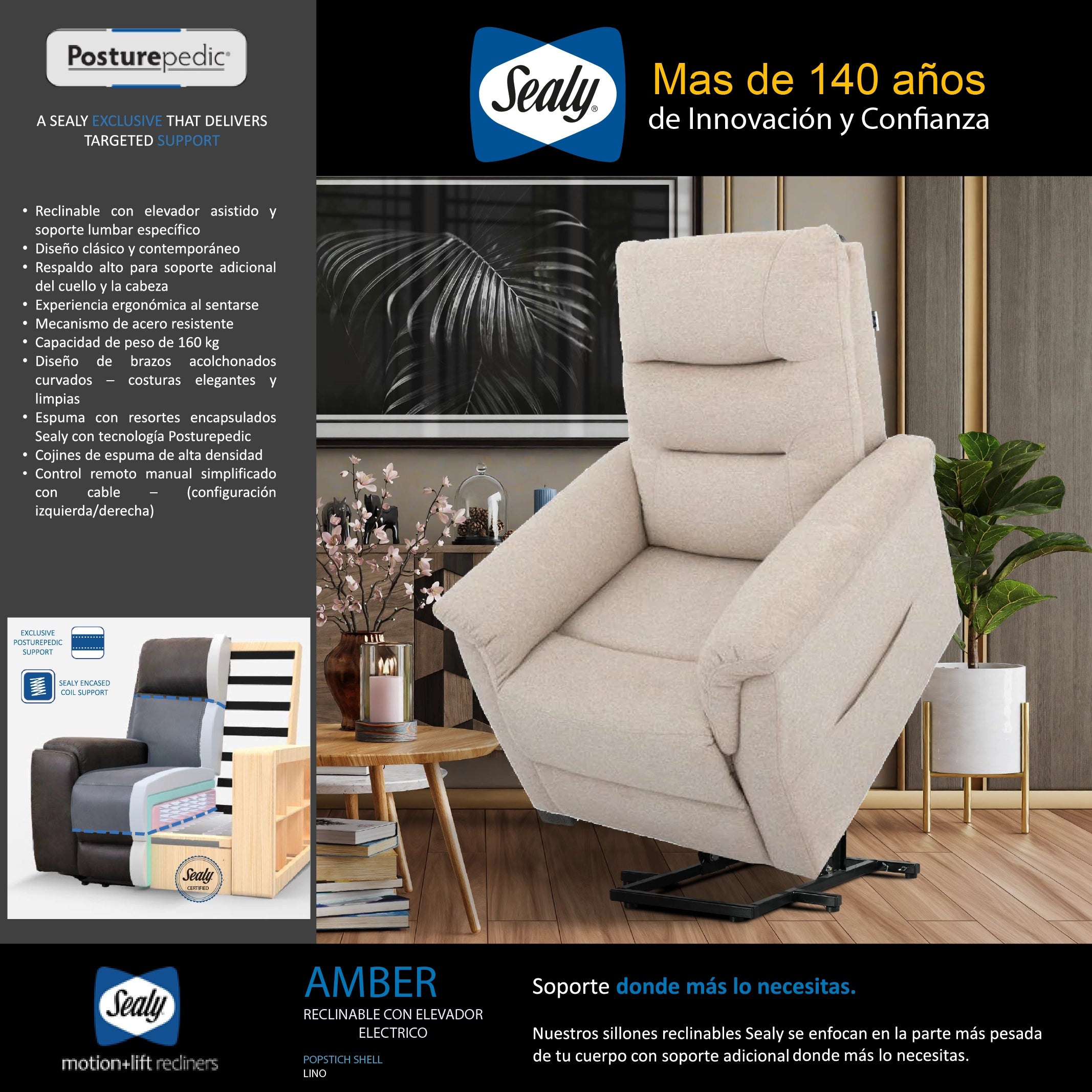 Sillon Reclinable Sealy Amber Posturepedic con Elevador Electrico Beige Arena